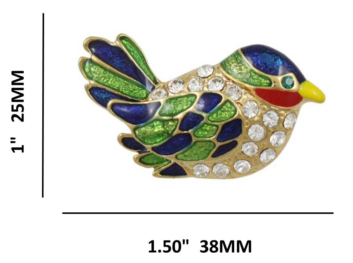 Blue and Green Enamel Bird Brooch Pin shown with measurements - Lilylin Designs
