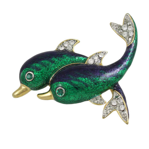 Blue and Green Crystal Pair of Dolphins Brooch Pin - Lilylin Designs