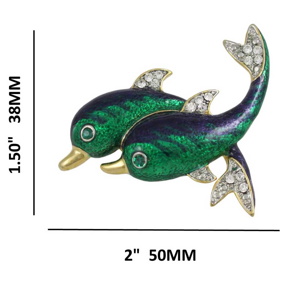 Blue and Green Crystal Pair of Dolphins Brooch Pin with measurements - Lilylin Designs
