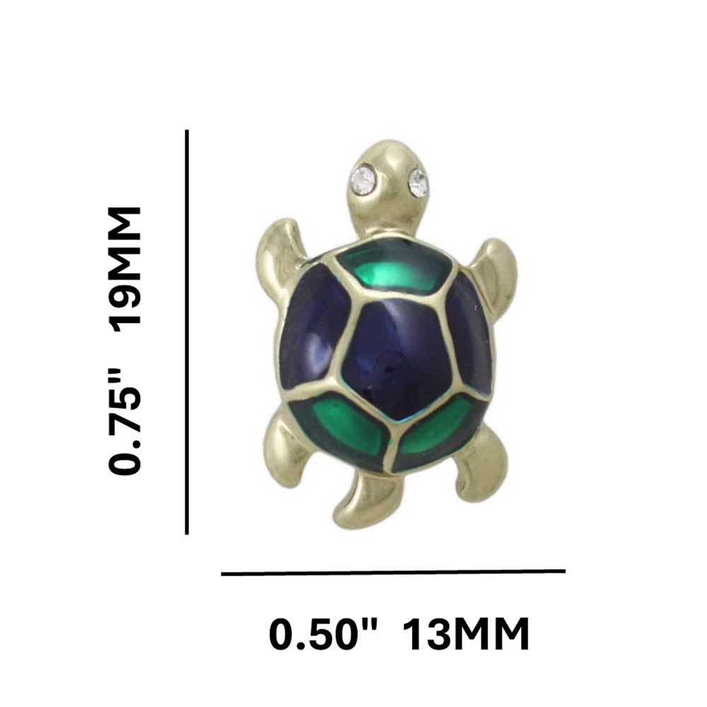 Tiny Blue and Green Enamel Turtle Lapel Tac Pin with measurements - Lilylin Designs