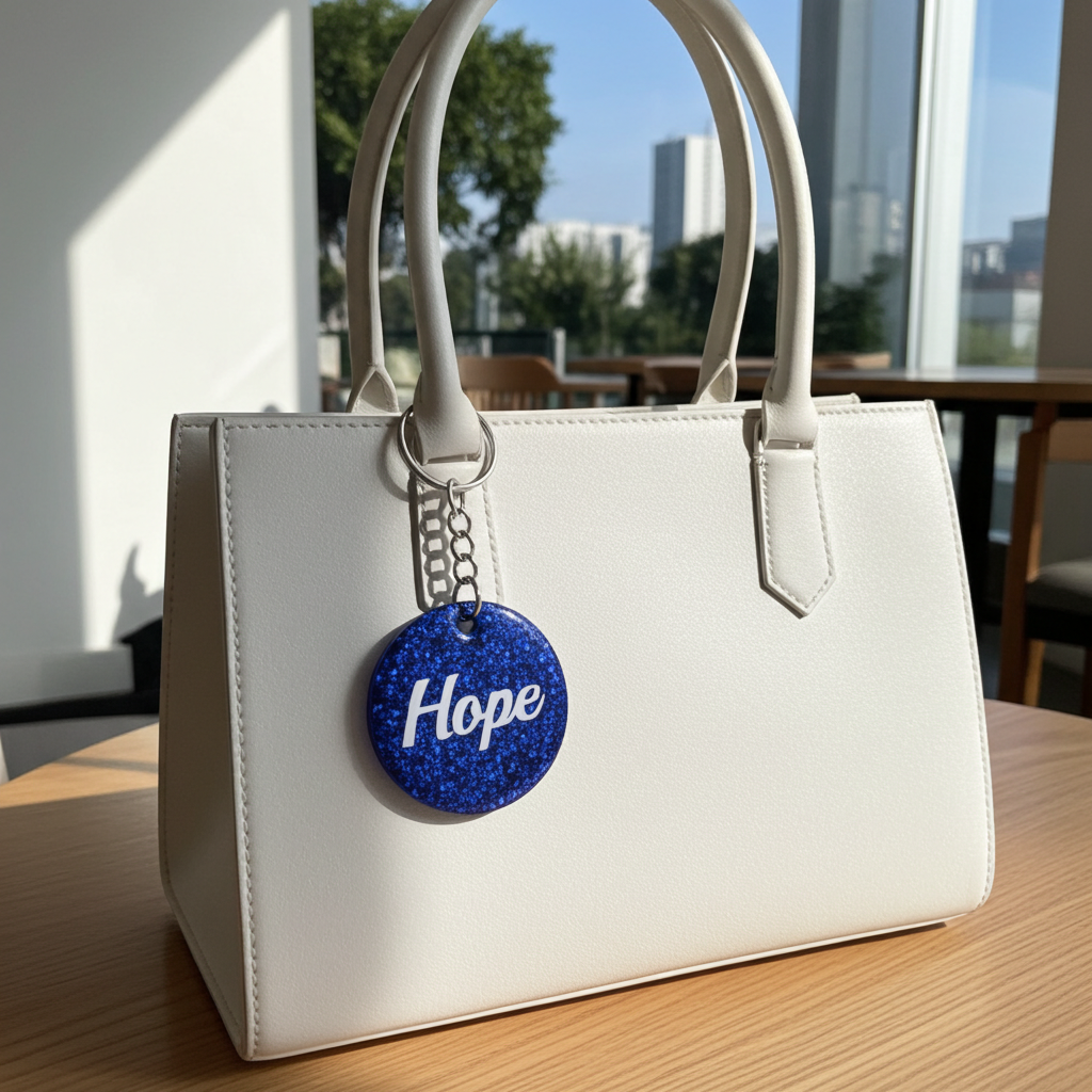 White handbag with a blue 'Hope' charm on a wooden table.