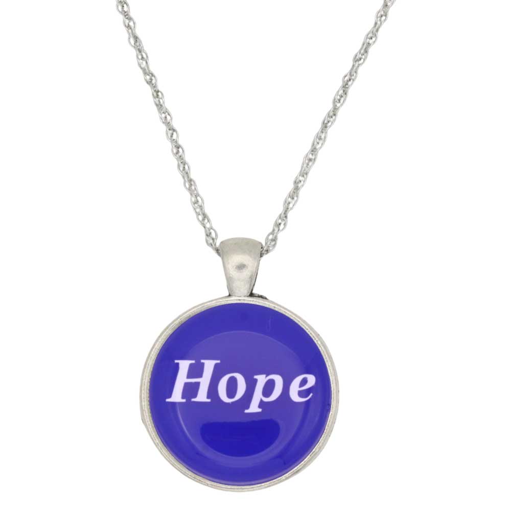 A silver chain necklace with a round pendant featuring a vibrant blue face with the word 'Hope' printed in white, set against a plain white background - Lilylin Designs