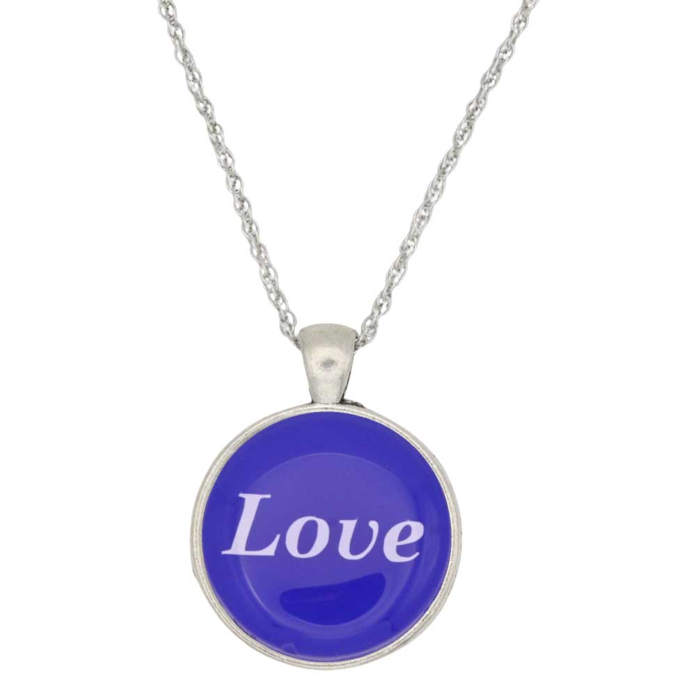 A silver chain necklace with a round pendant featuring a vibrant blue face with the word 'Love' written in white script, set against a plain white background - Lilylin Designs