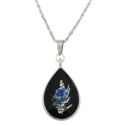 Teardrop-shaped pendant with blue rose on a white background - Lilylin Designs