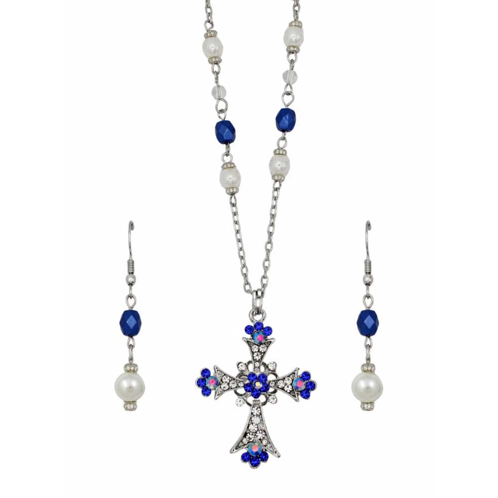 Silver-tone cross necklace and matching drop earrings featuring blue faceted beads, clear rhinestones, and white faux pearls on a plain white background. Lilylin Designs