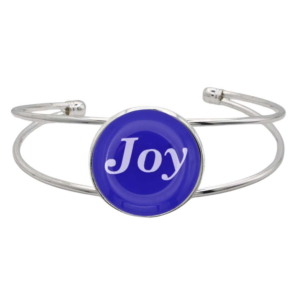 A silver-toned metal cuff bracelet featuring a round blue disc with the word 'Joy' written in white script, shown on a plain white background - Lilylin Designs
