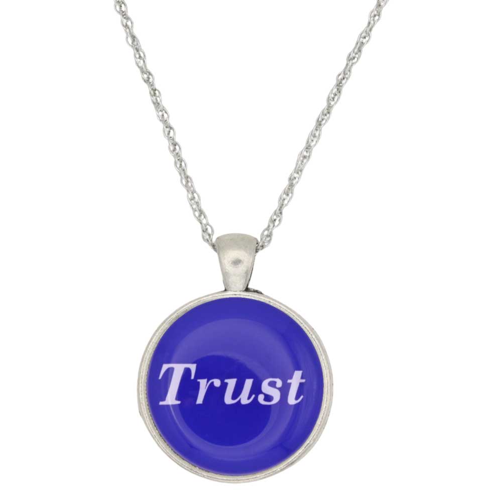A silver chain necklace with a round pendant featuring a vibrant blue face with the word 'Trust' written in white script, set against a plain white background - Lilylin Designs