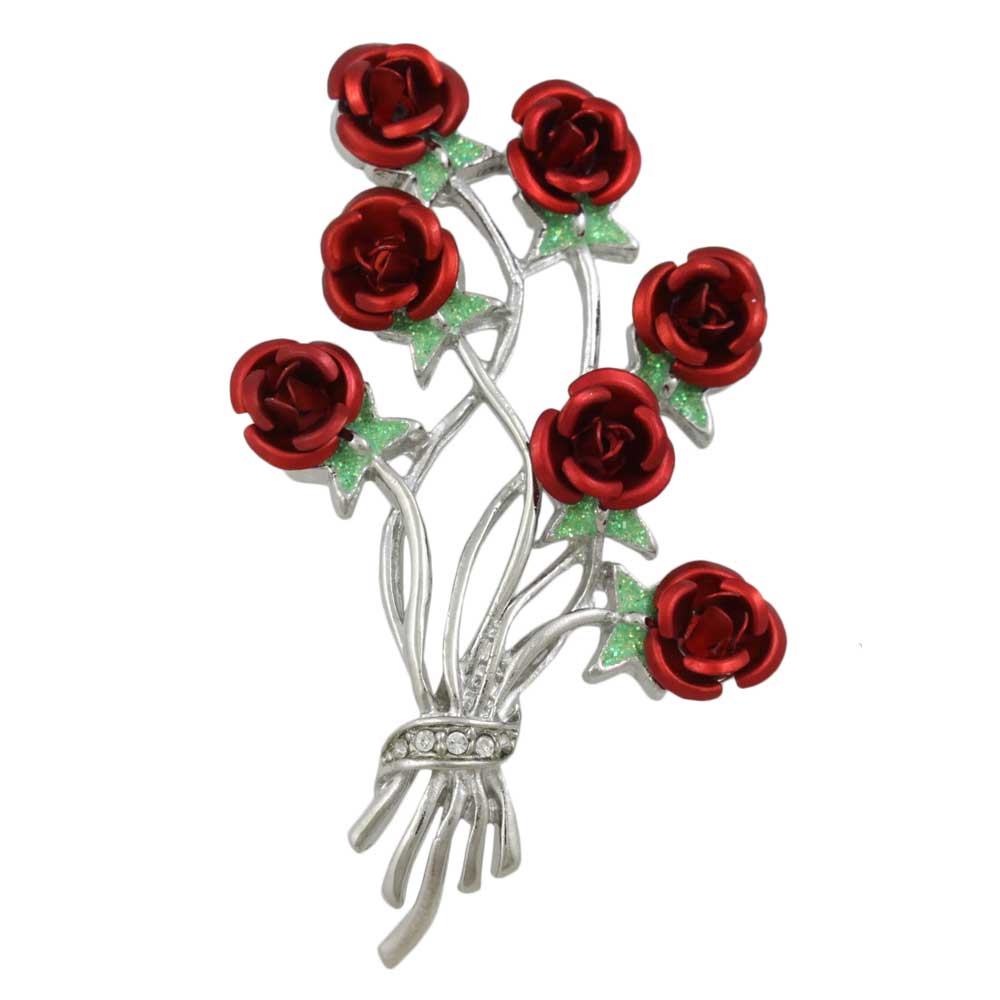 Bouquet of 7 Red Roses with Green Leaves Brooch Pin - Lilylin Designs