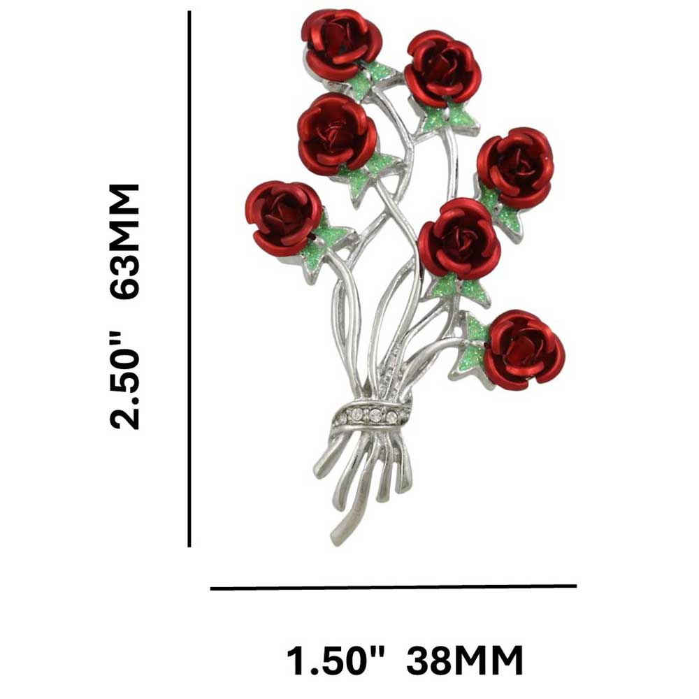Bouquet of 7 Red Roses with Green Leaves Brooch Pin with measurements - Lilylin Designs