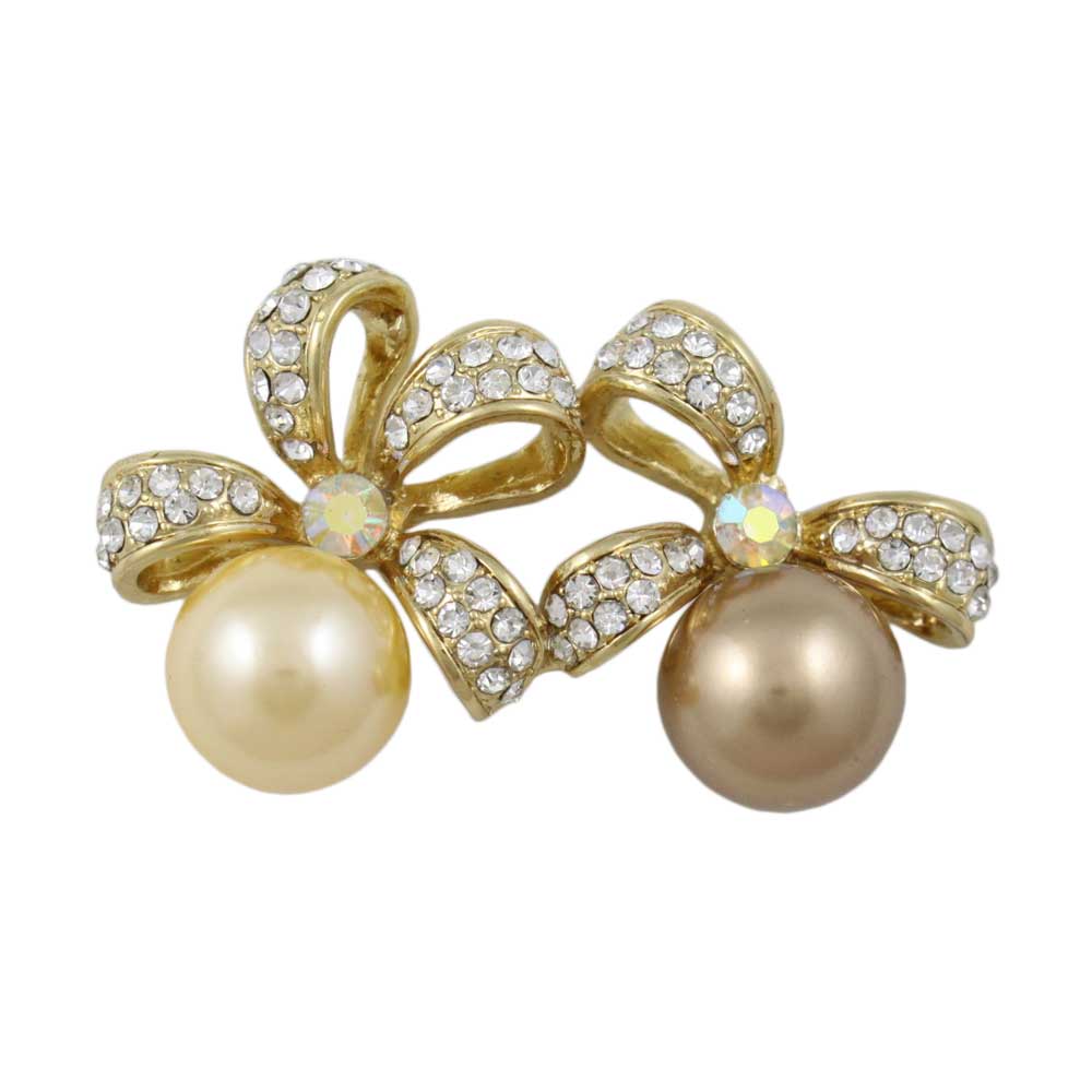 Yellow and Brown Pearl with Crystal Bows Brooch Pin - Lilylin Designs