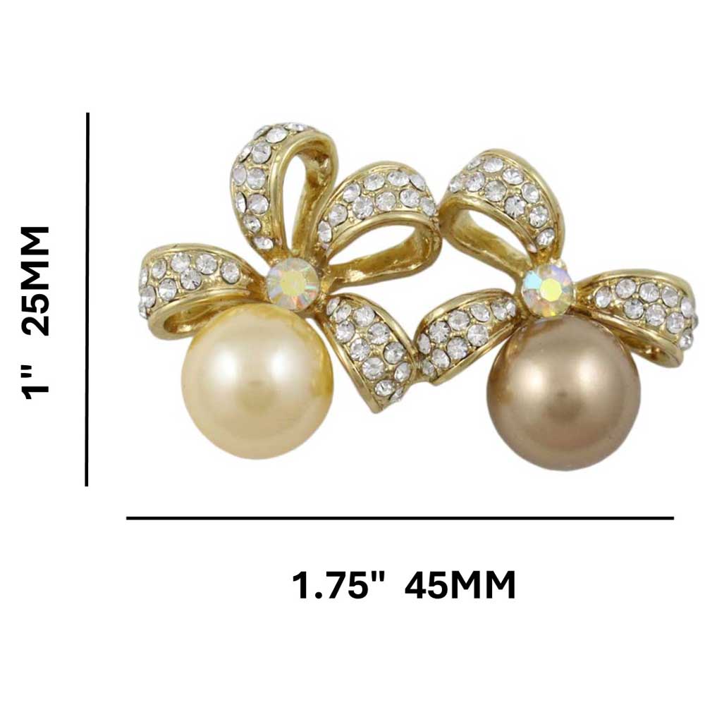 Yellow and Brown Pearl with Crystal Bows Brooch Pin shown with measurements - Lilylin Designs