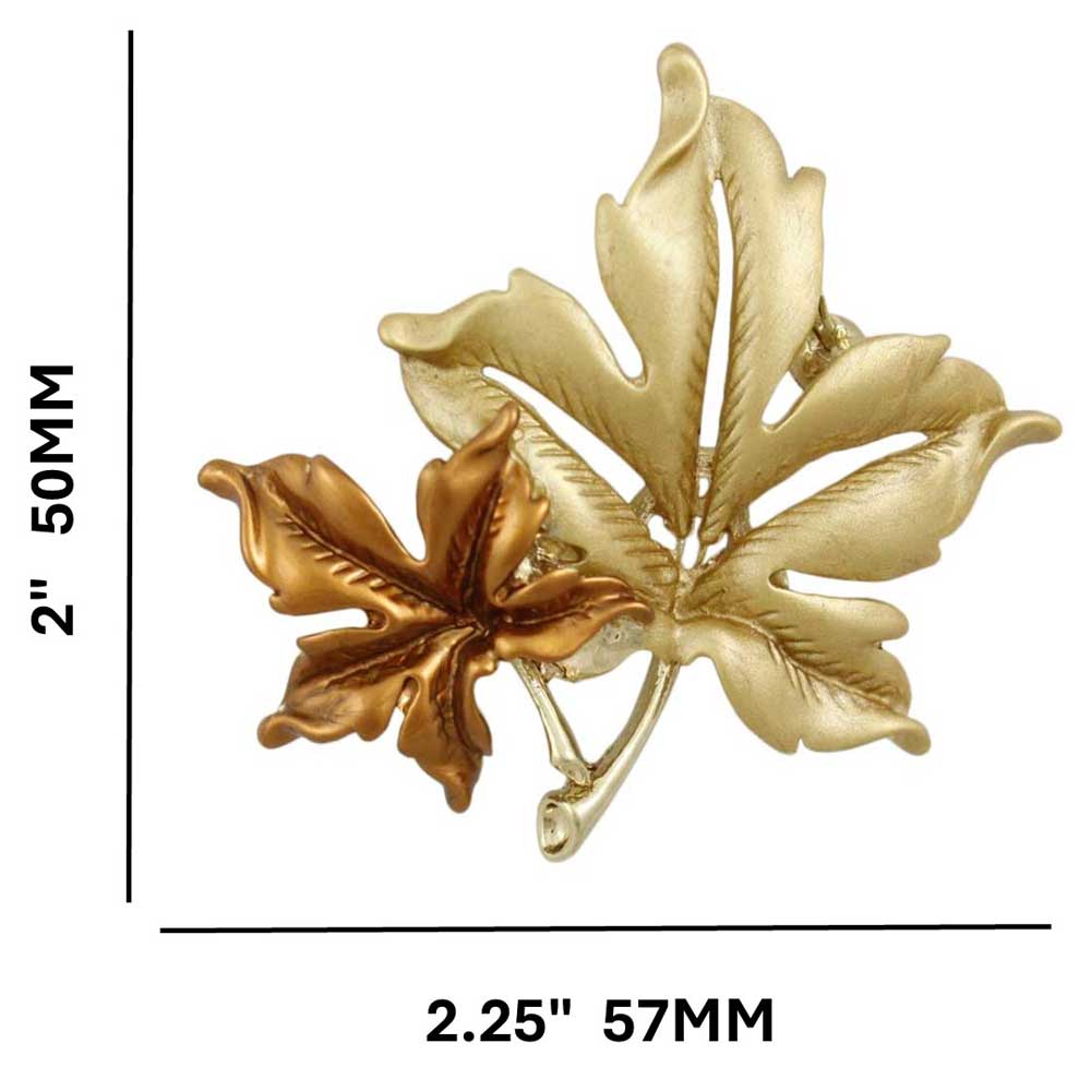Brown and Matte Gold Maple Leaves Brooch Pin with measurements - Lilylin Designs