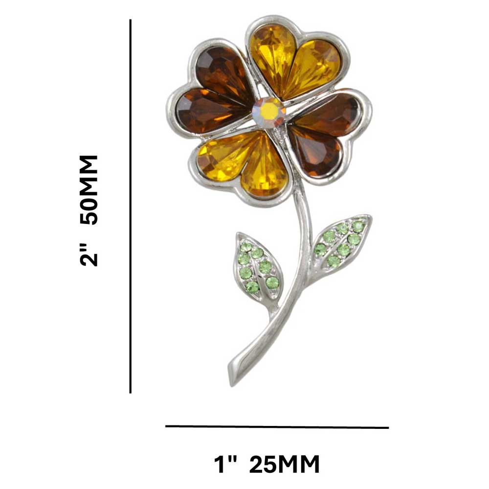 Brown Sunflower with Crystal Leaves Brooch Pin with measurements - Lilylin Designs