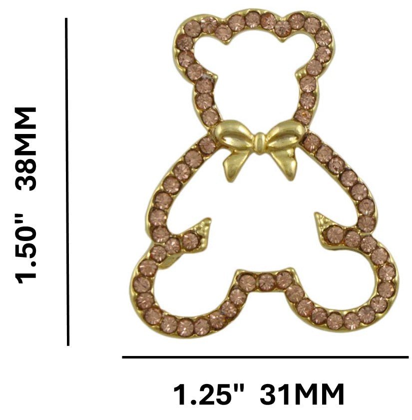 Light Brown Crystal Teddy Bear Brooch Pin with measurements - Lilylin Designs