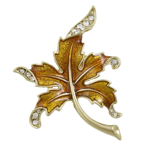 Brown Enamel and Crystals Curled Maple Leaf Brooch Pin - Lilylin Designs