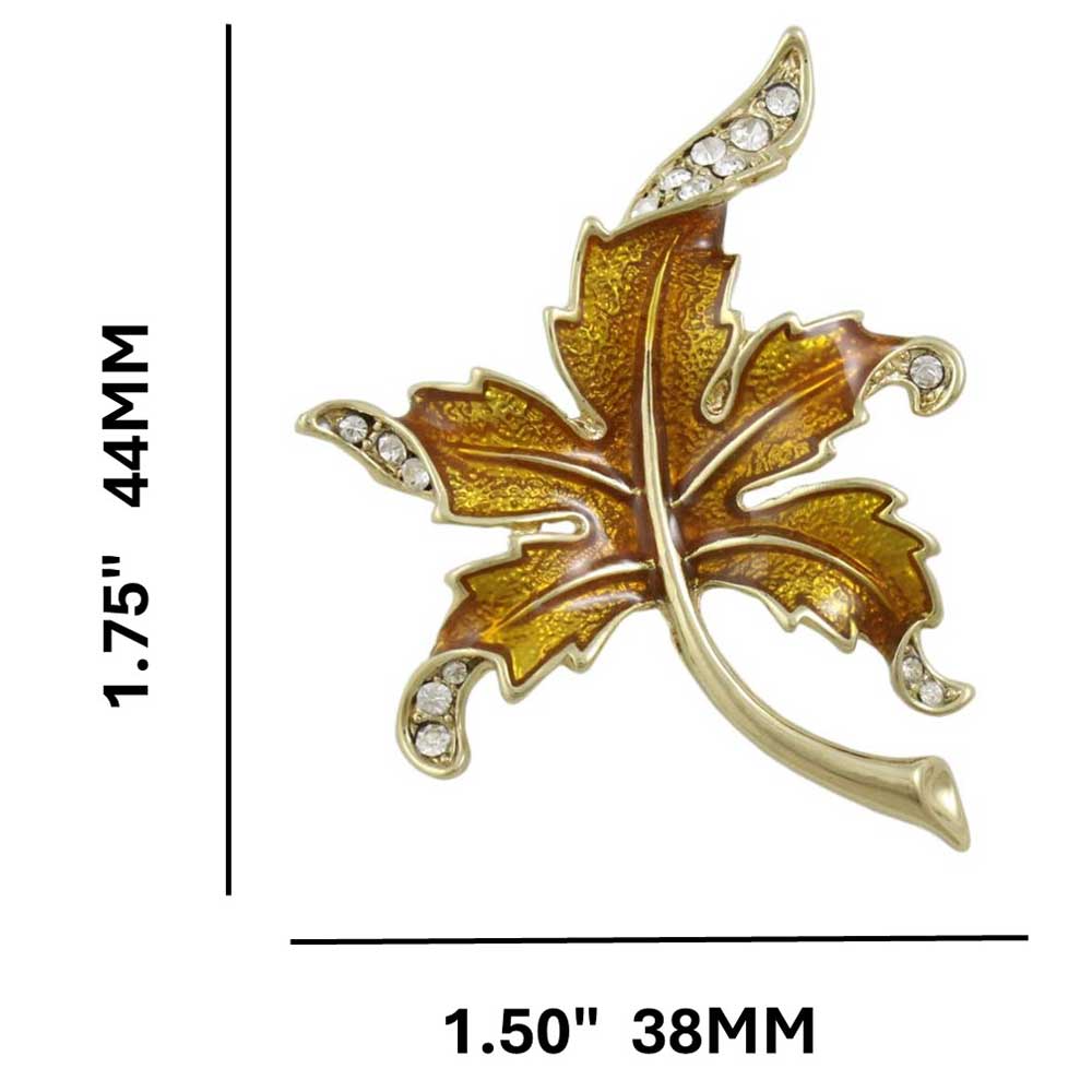 Brown Enamel and Crystals Curled Maple Leaf Brooch Pin with measurements - Lilylin Designs