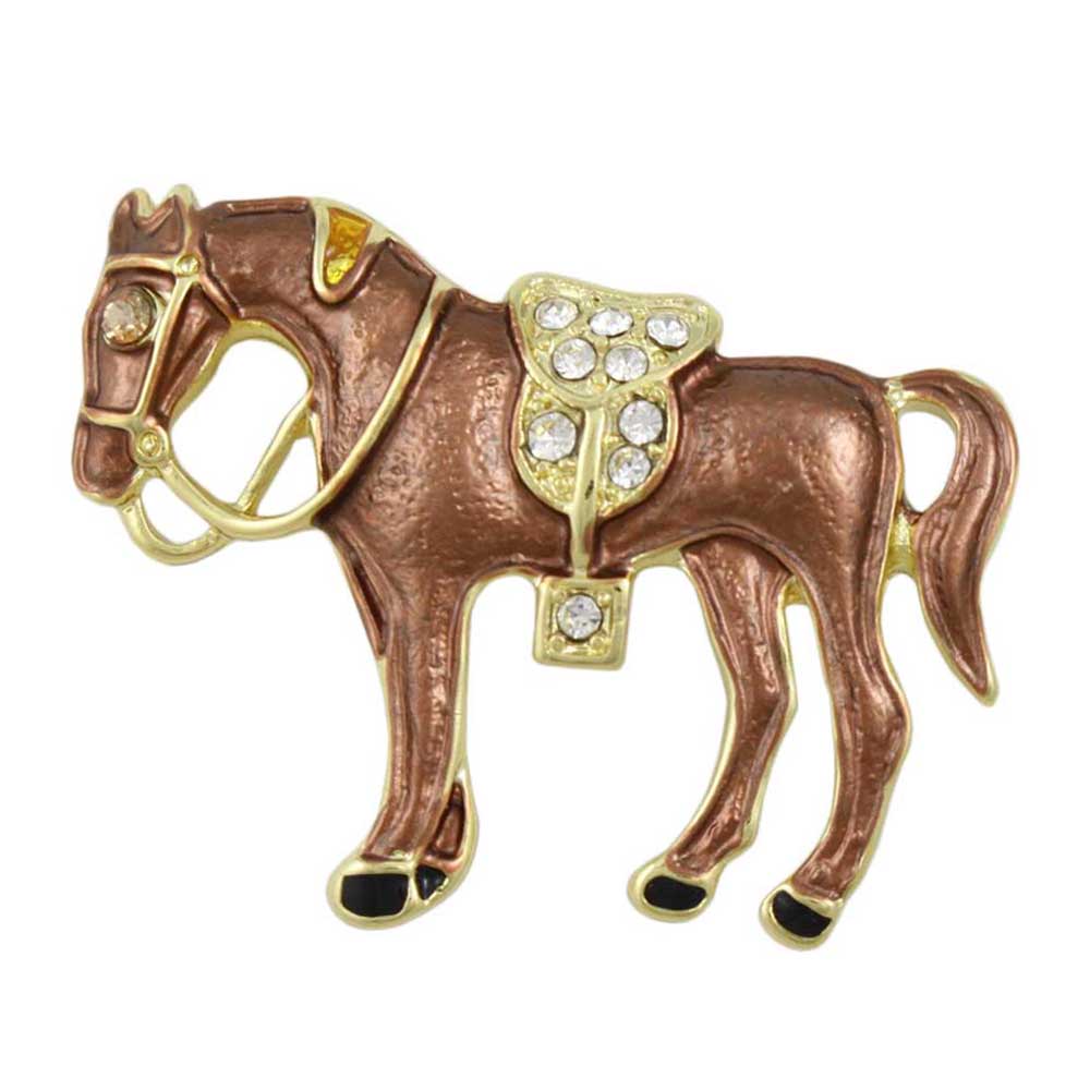 Brown Enamel Horse with Crystal Saddle Brooch Pin - Lilylin Designs