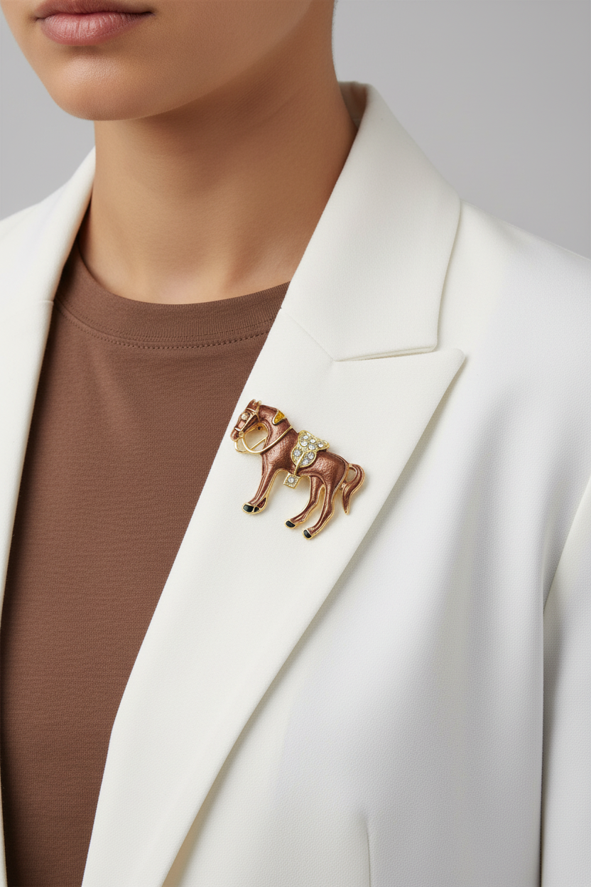 Model wearing brown enamel horse pin on a white jacket with a brown t-shirt - Lilylin Designs