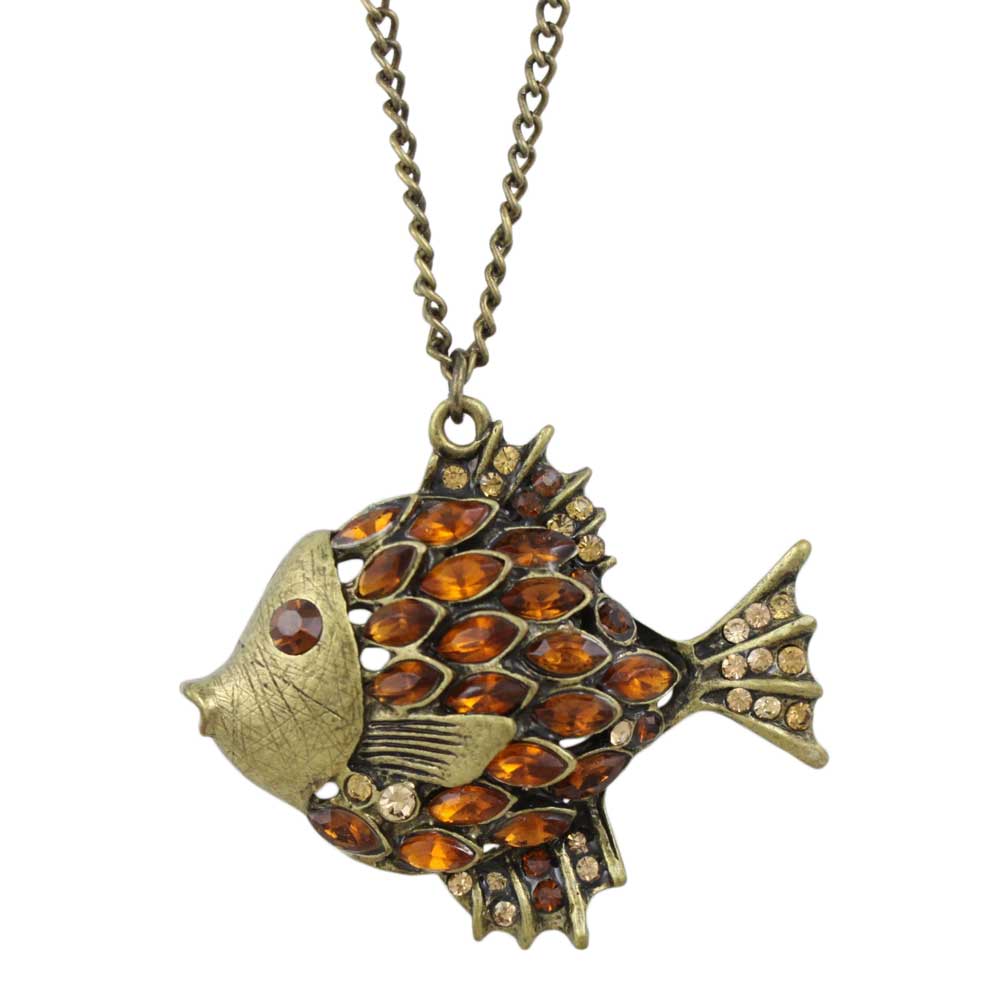 Antique Brown Crystal Angelfish Pendant on Gold Chain - Lilylin Designs