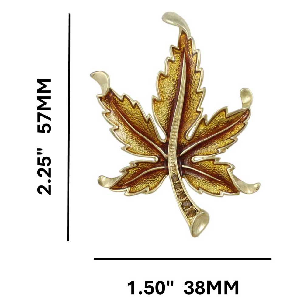 Brown Enamel and Crystal Maple Leaf Brooch Pin with measurements - Lilylin Designs