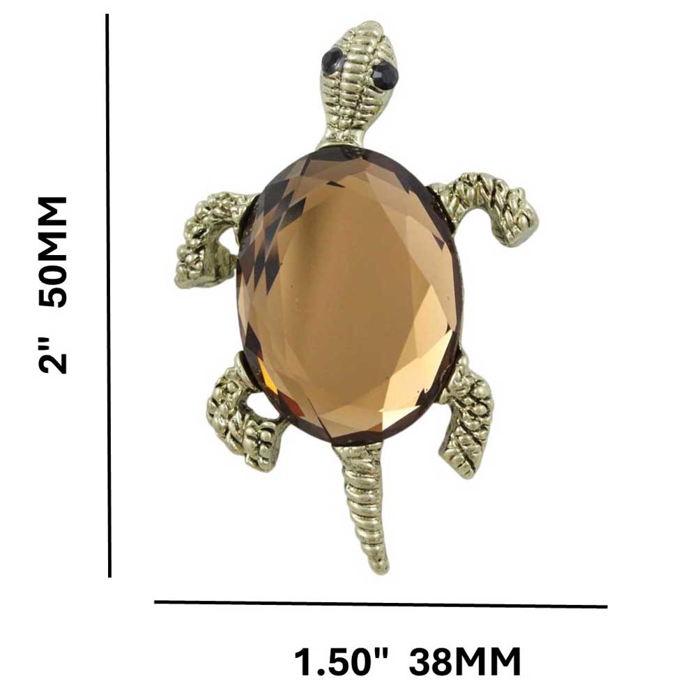 Antique Gold Brown Glass Turtle Brooch Pin shown with measurements - Lilylin Designs