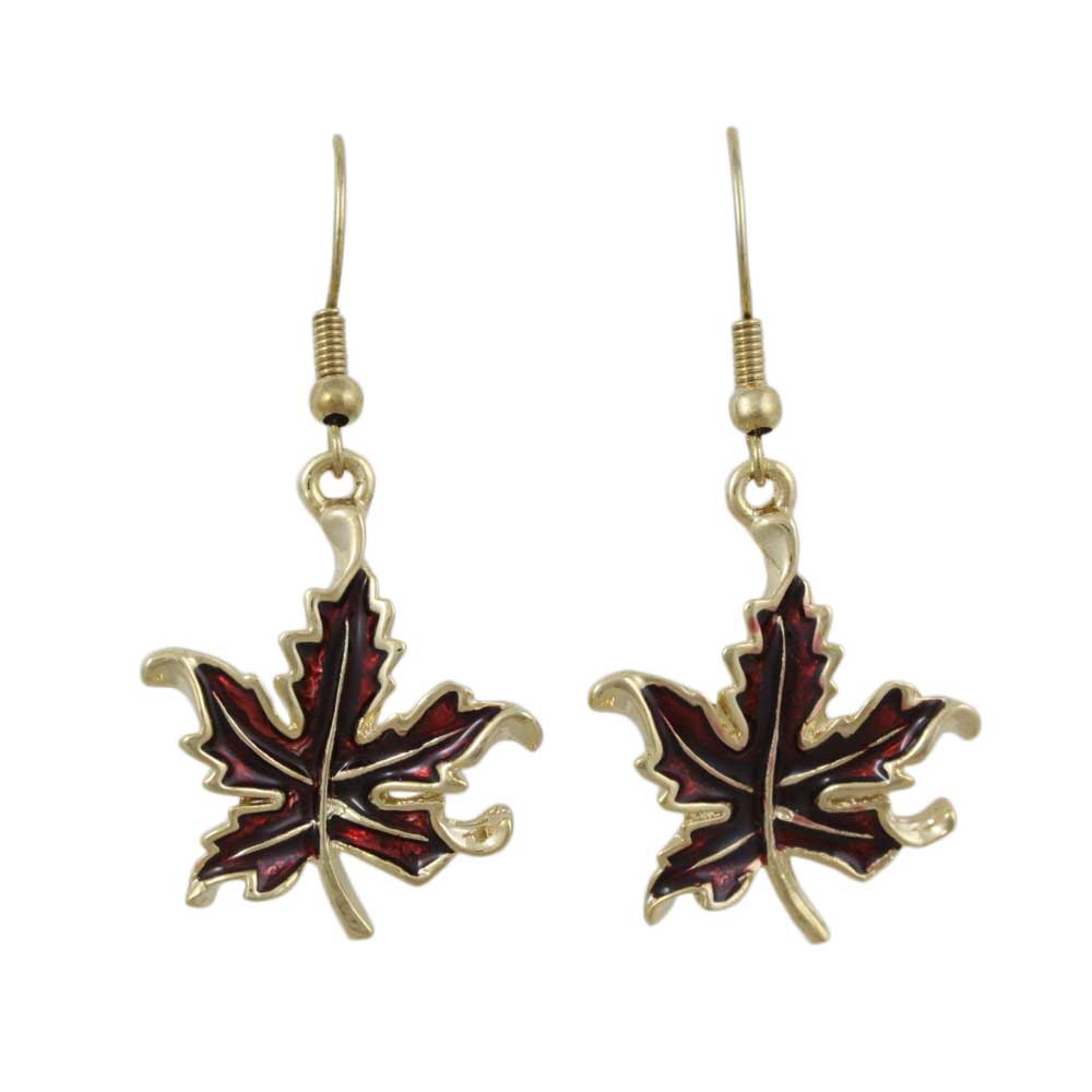 Burgundy Enamel Maple Leaf Dangling Pierced Earring - Lilylin Designs