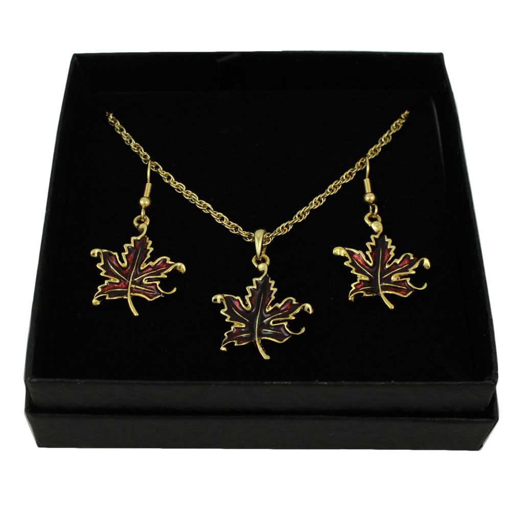 Burgundy Enamel Maple Leaf Necklace and Earring Set - PRL341NBS - Lilylin Designs