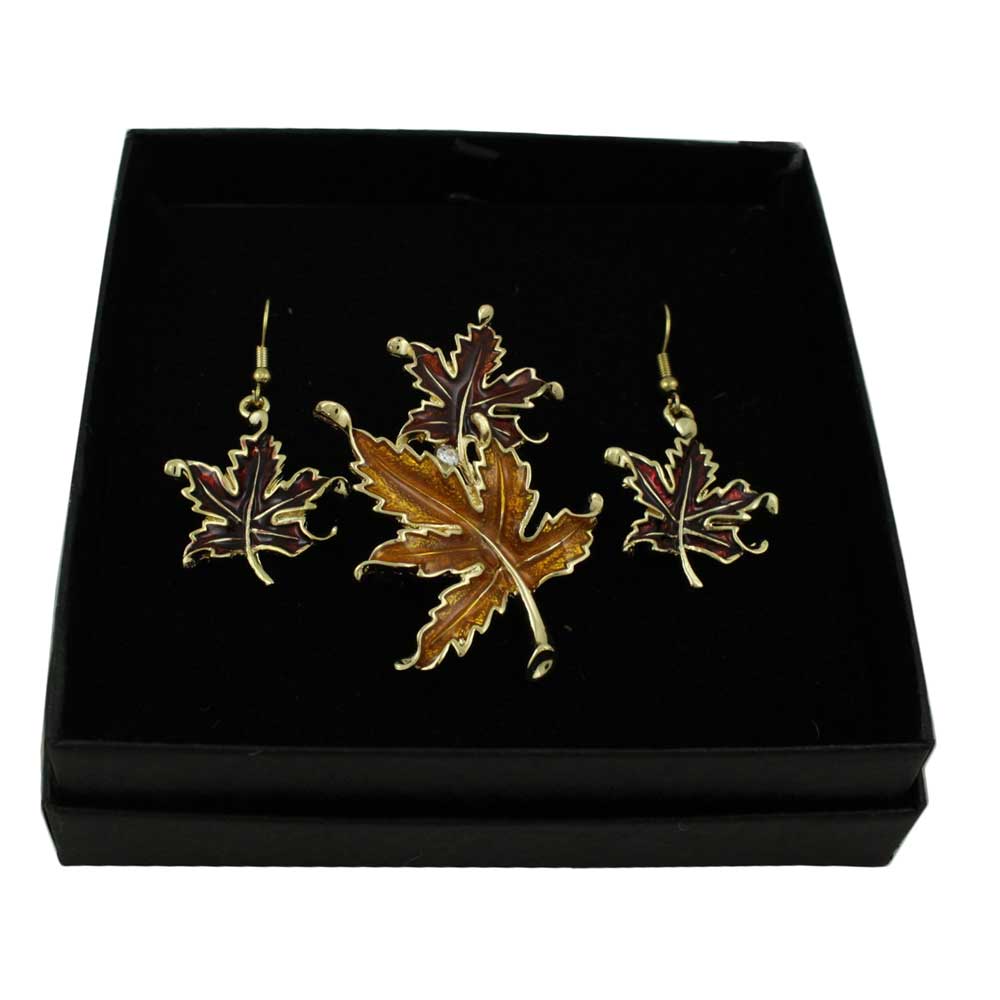 Burgundy and Gold Maple Leaves Pin and Earring Set - PRL341BSB - Lilylin Designs