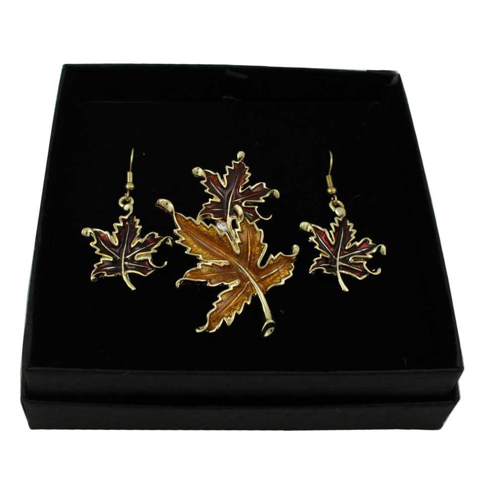 Lilylin Designs Burgundy and Gold Maple Leaves Pin and Earring Set