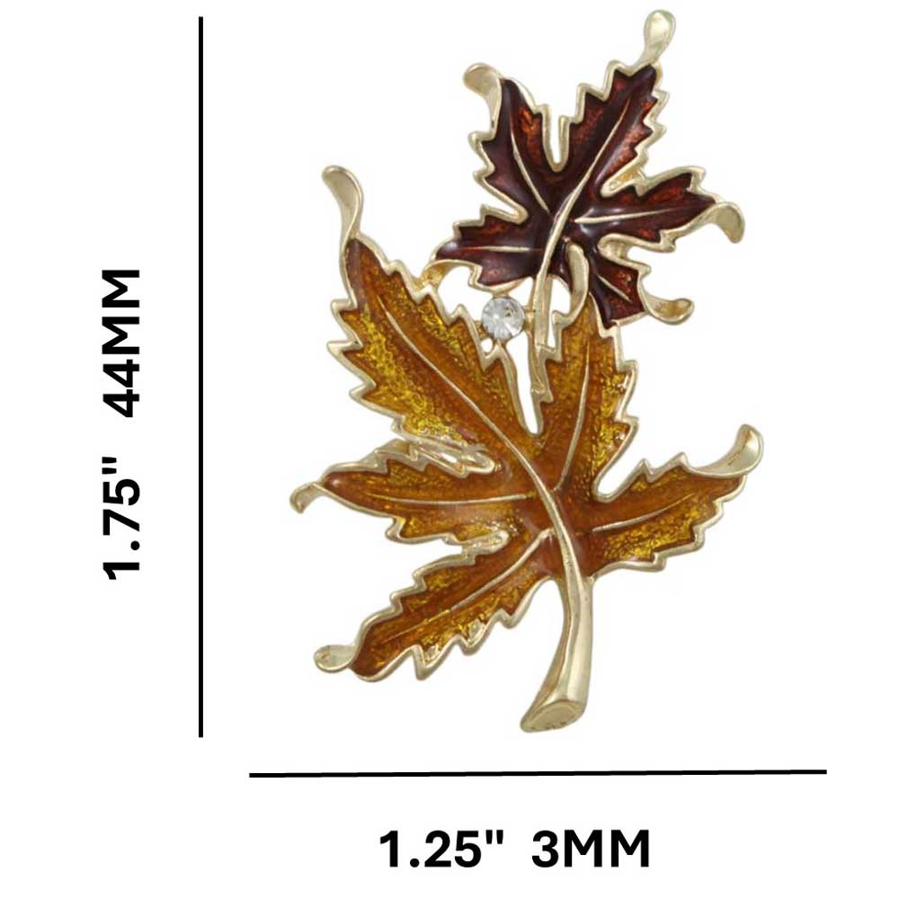 Gold and Burgundy Enamel Maple Leaves Brooch Pin shown with measurements - Lilylin Designs