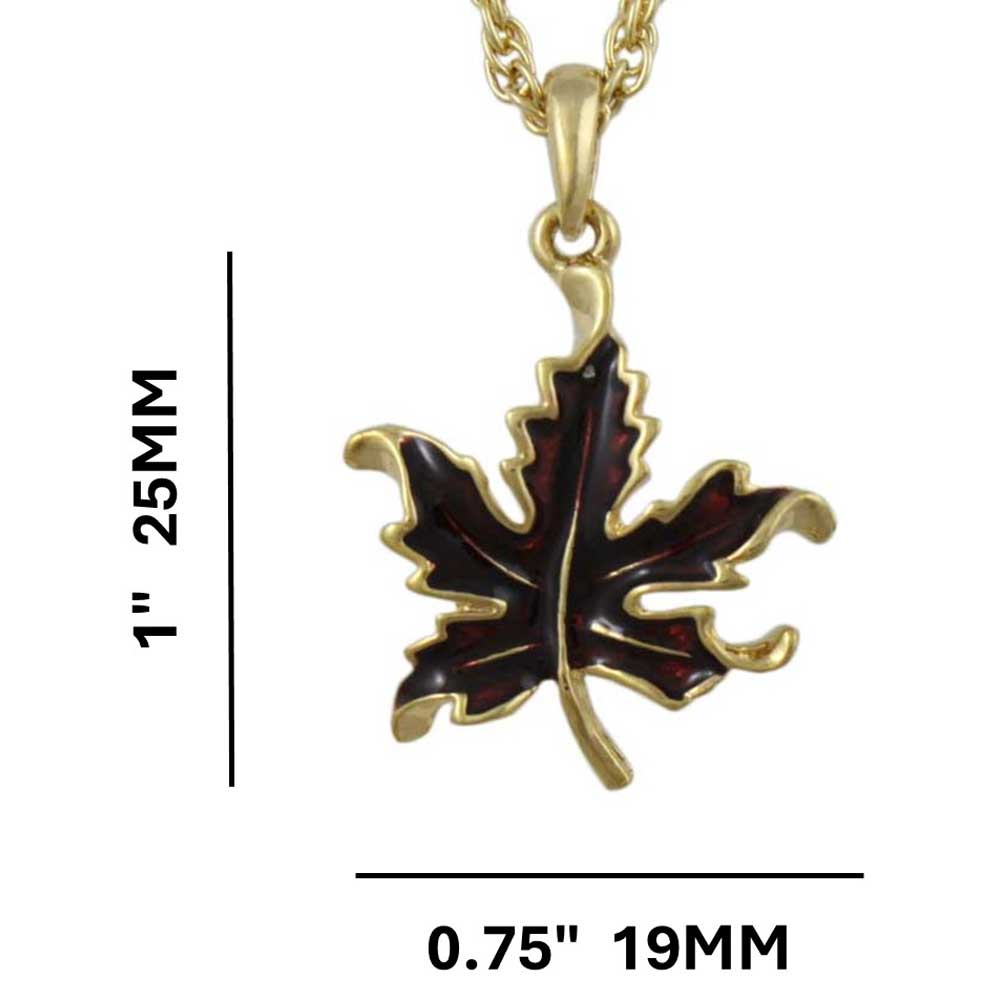 Burgundy Maple Leaf Pendant on Gold Chain with measurements - Lilylin Designs