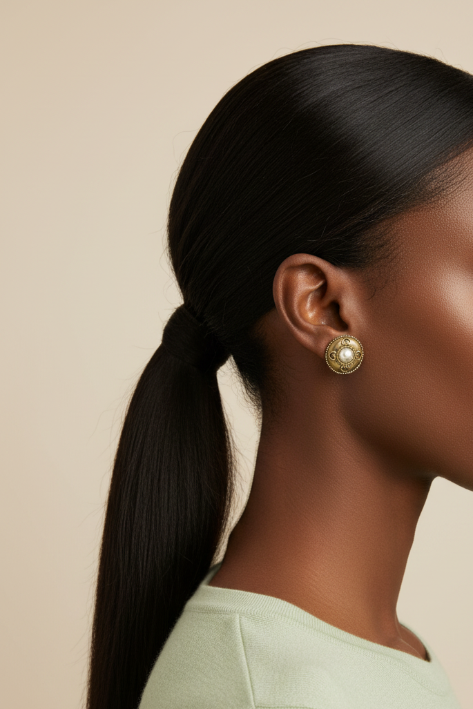 Model wearing gold button earring with heart cutouts and pearl earring - Lilylin Designs