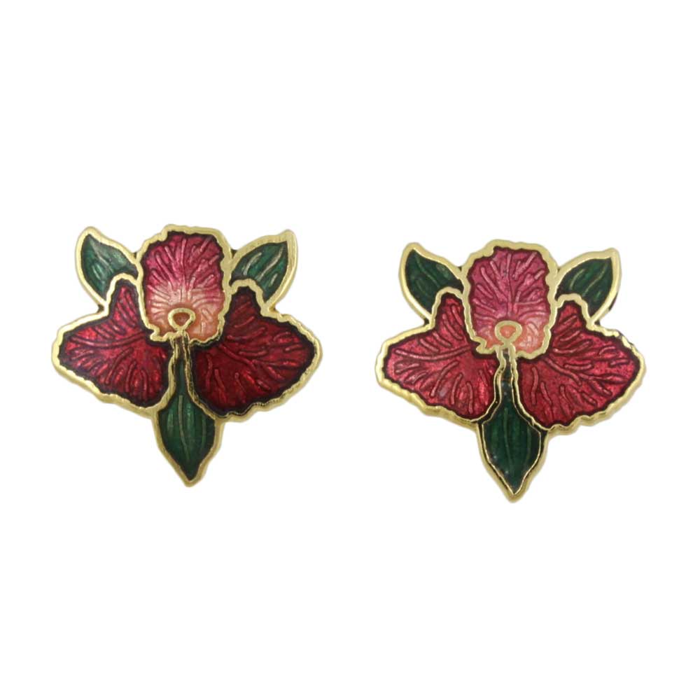 Red Orchid with Green Leaves Cloisonne Pierced Earring - CE113 - Lilylin Designs