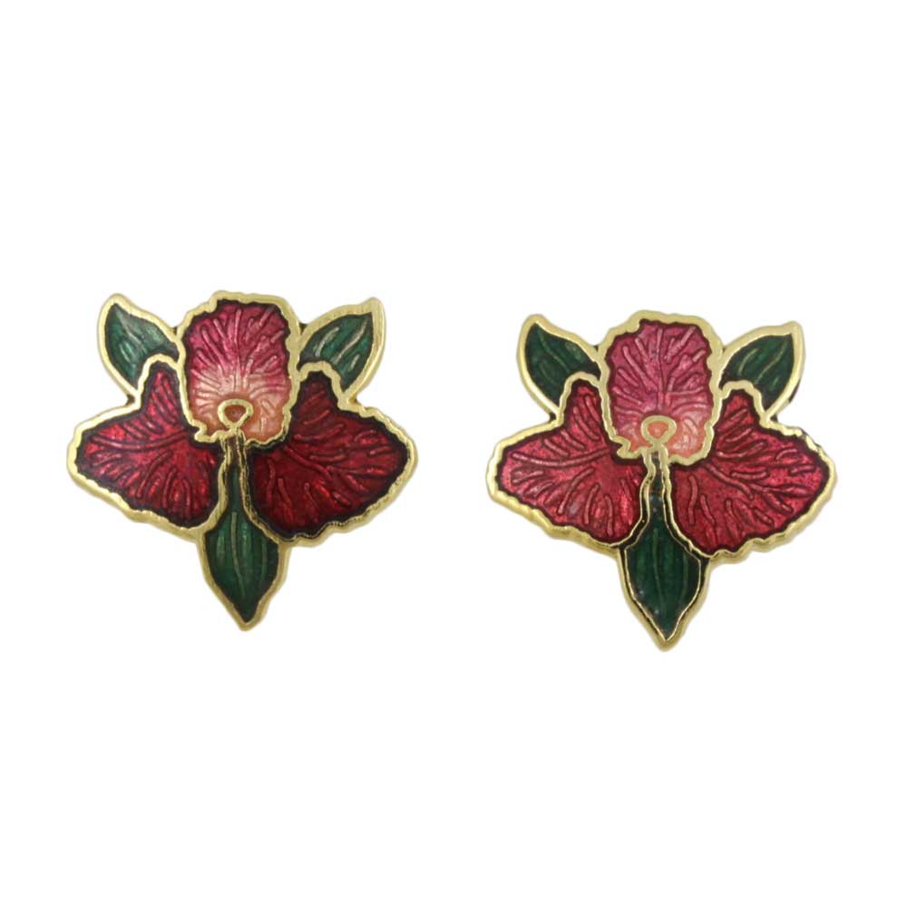Lilylin Designs Red Orchid with Green Leaves Cloisonne Pierced Earring