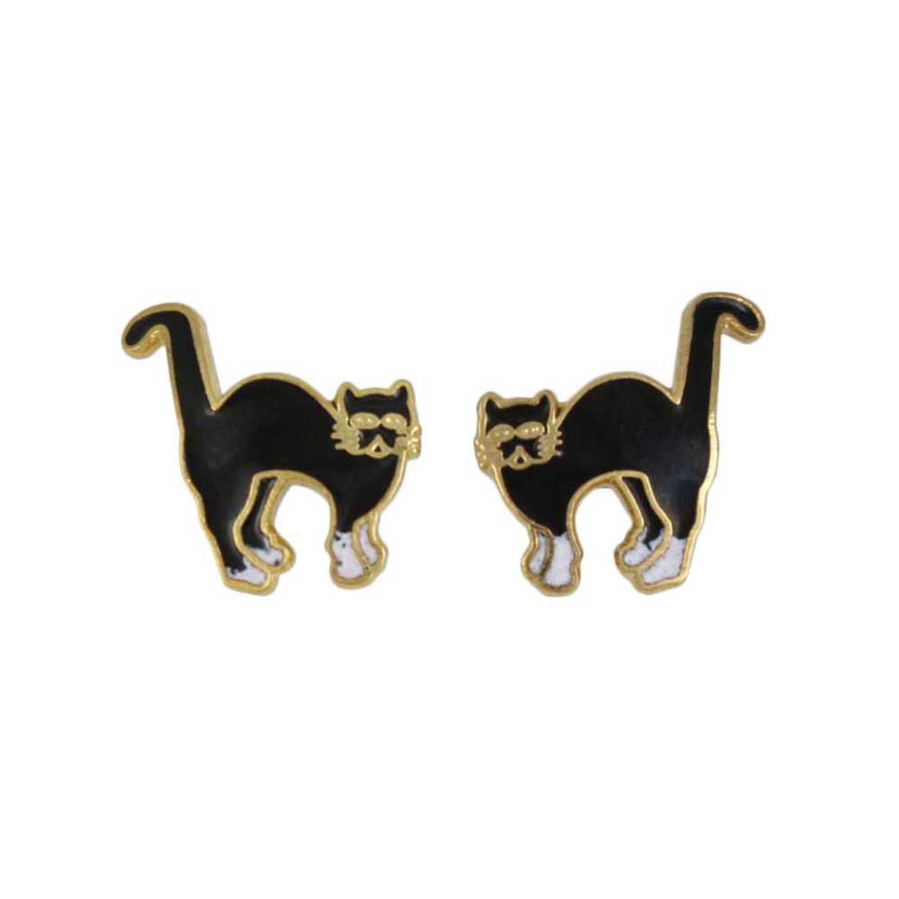 Cloisonne Black and White Scaredy Cat Pierced Earring - CE11PBK - Lilylin Designs