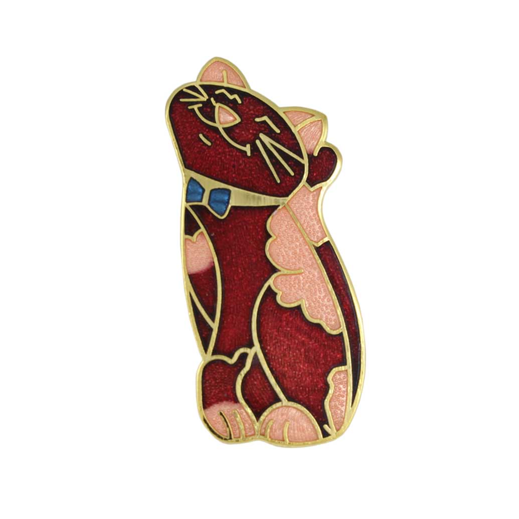 Lilylin Designs Red and Peach Cloisonne Smiling Cat Brooch Pin