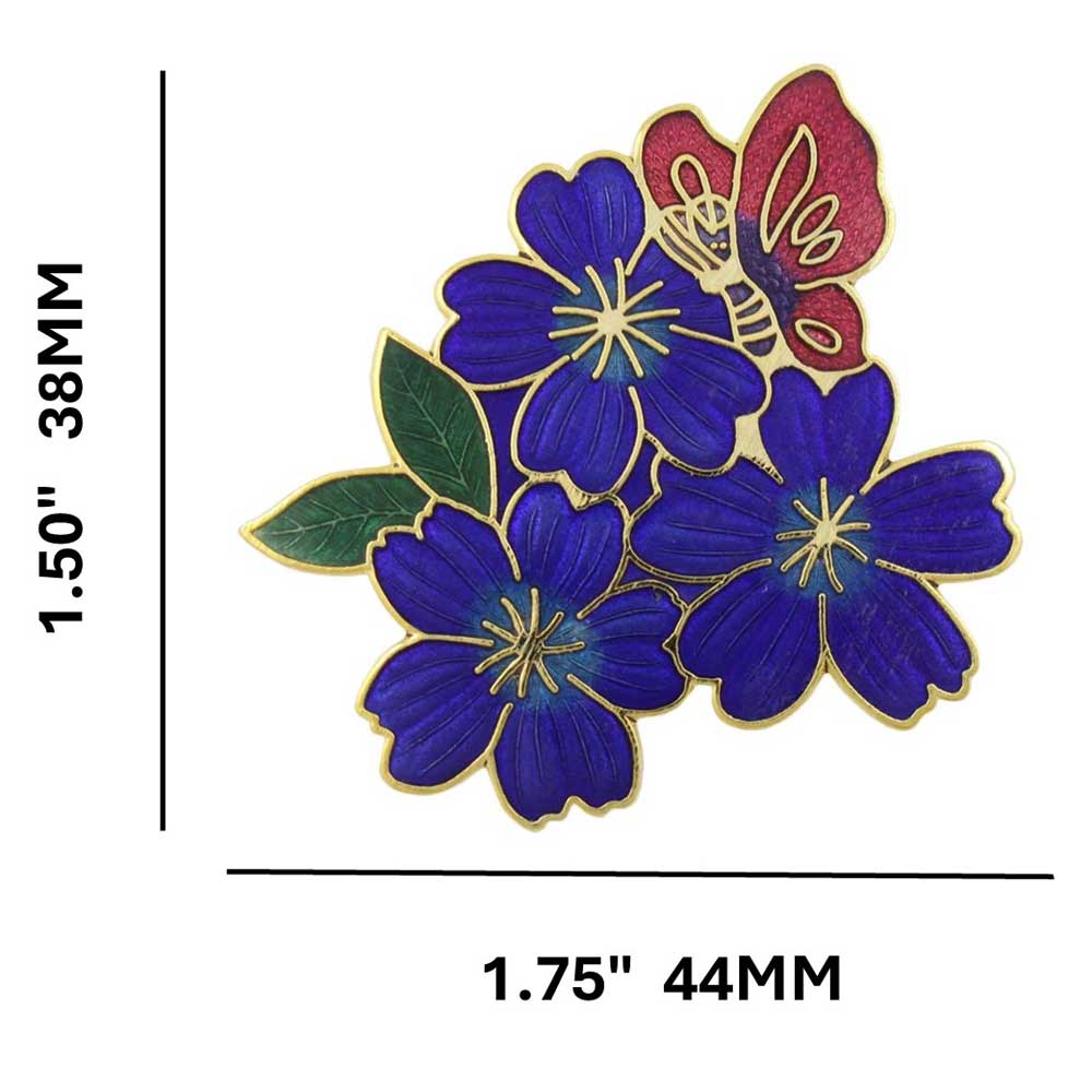 Blue Cloisonne Flowers with Red Butterfly Brooch Pin - CP362BL - Lilylin Designs