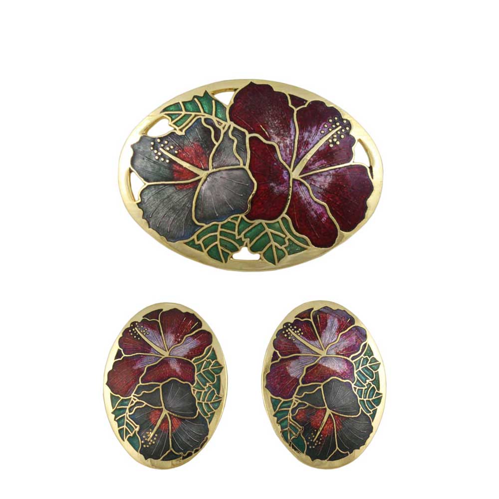 Red and Gray Hibiscus Cloisonne Pin and Earring Set - CP90BS - Lilylin Designs