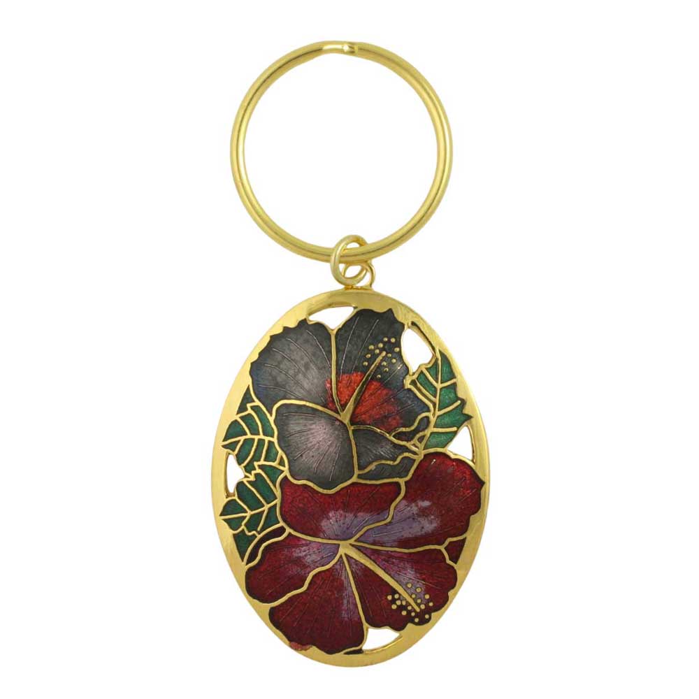 Keychain with cloisonne hibiscus design and gold clasp on a white background - Lilylin Designs