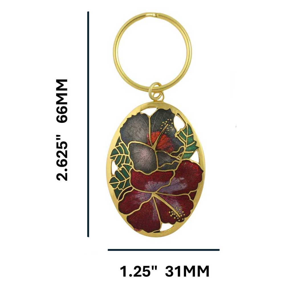 Keychain with cloisonne hibiscus design and gold clasp on a white background with measurements - Lilylin Designs