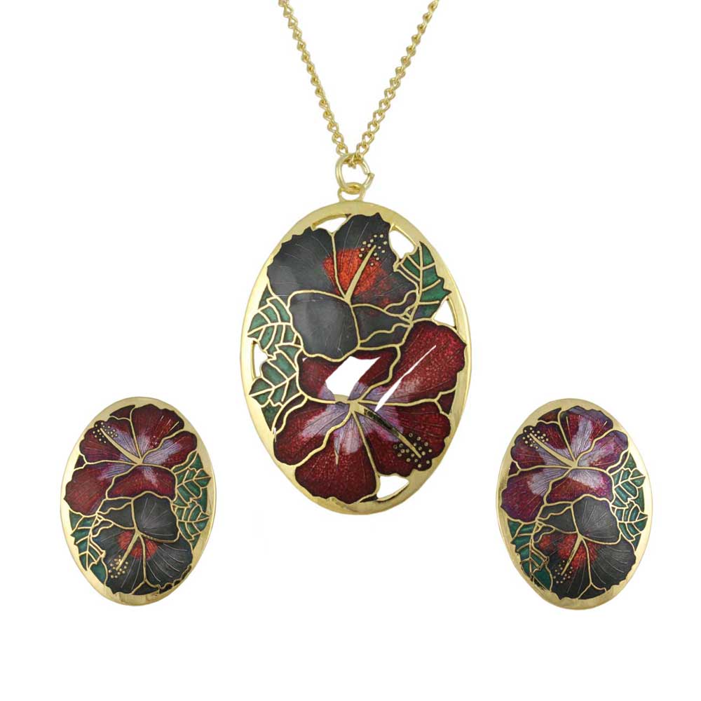 Red and Gray Hibiscus Cloisonne Necklace and Earring Set - CP90NBS - Lilylin Designs