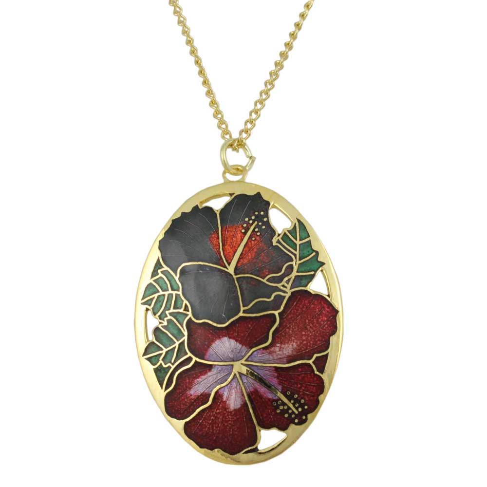 Lilylin Designs Red and Gray Hibiscus Cloisonne Pendant on Gold Chain