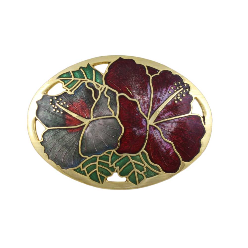 Lilylin Designs Red and Gray Hibiscus Cloisonne Flower Brooch Pin