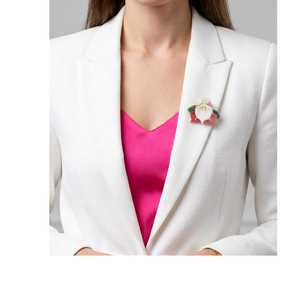 Clay Bouquet of Lilies and Daisies Flower Brooch Pin shown on model - Lilylin Designs
