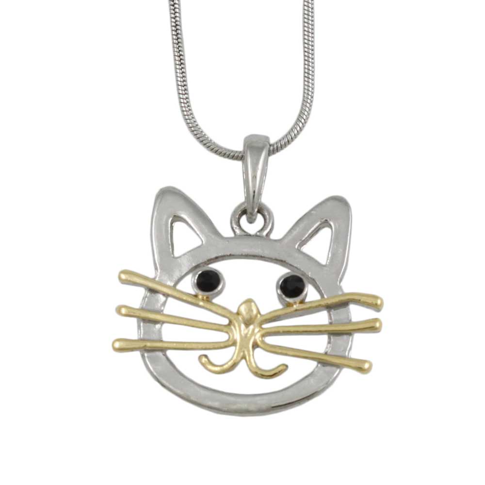 Silver and Gold Cat Head Pendant with Silver Chain - Lilylin Designs