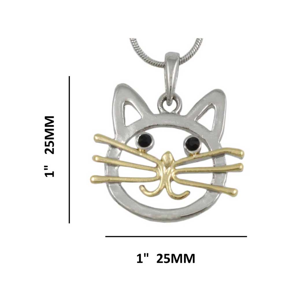 Silver and Gold Cat Head Pendant with Silver Chain with measurements - Lilylin Designs
