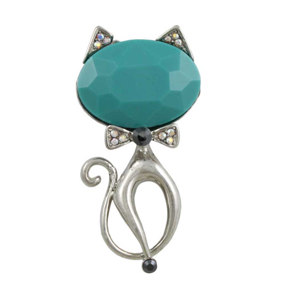Cat with Large Blue Head and Crystal Bow Brooch Pin - Lilylin Designs