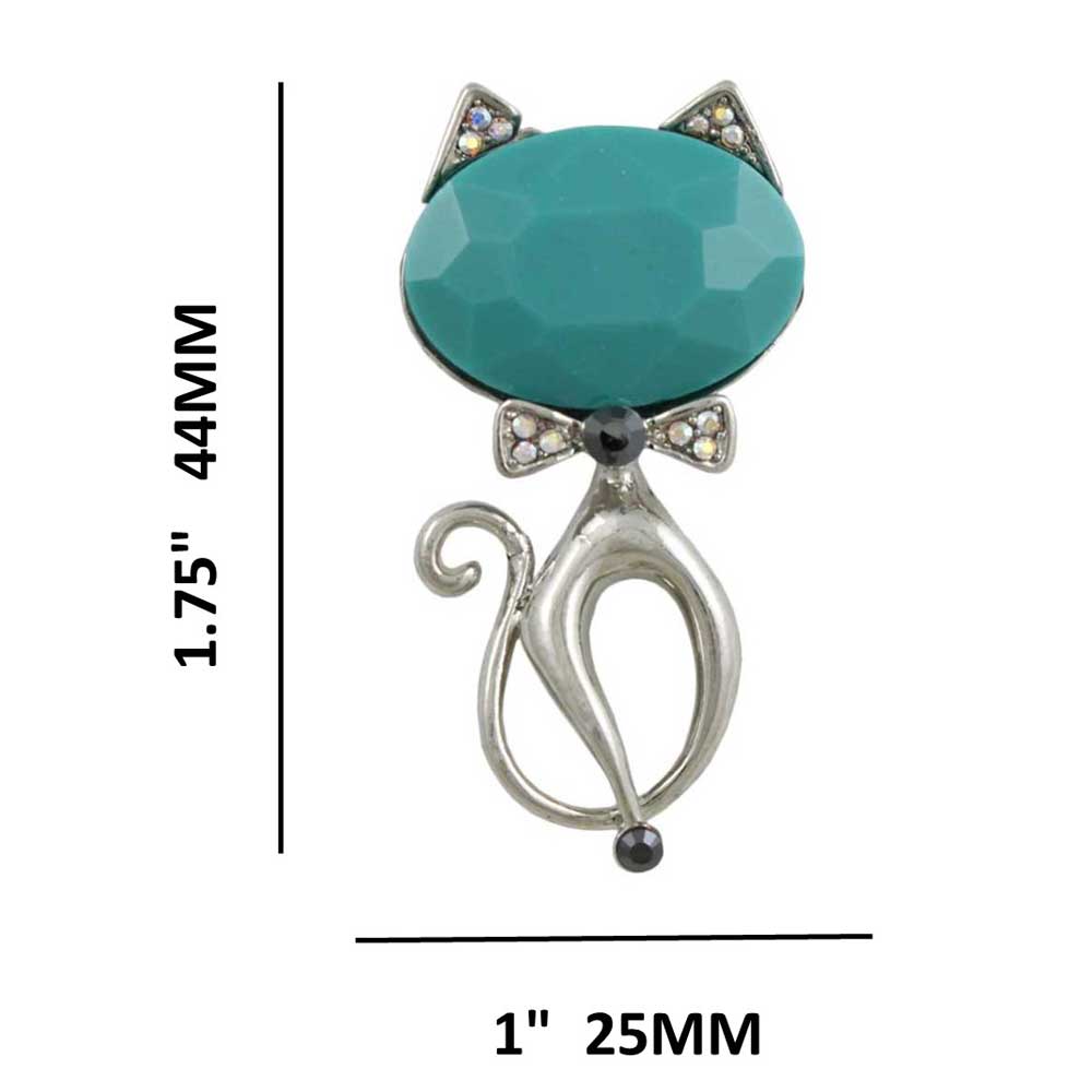 Cat with Large Blue Head and Crystal Bow Brooch Pin shown with measurements - Lilylin Designs