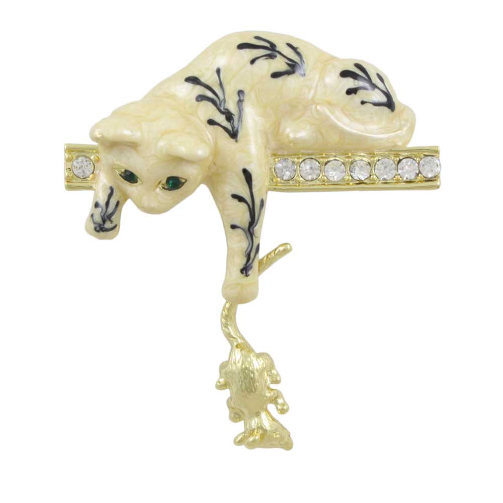 Cream Cat with Dangling Mouse Brooch Pin - Lilylin Designs