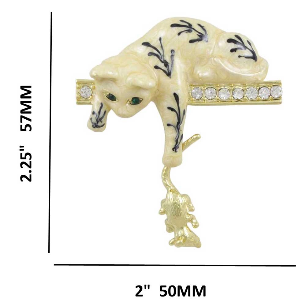 Cream Cat with Dangling Mouse Brooch Pin shown with measurements - Lilylin Designs